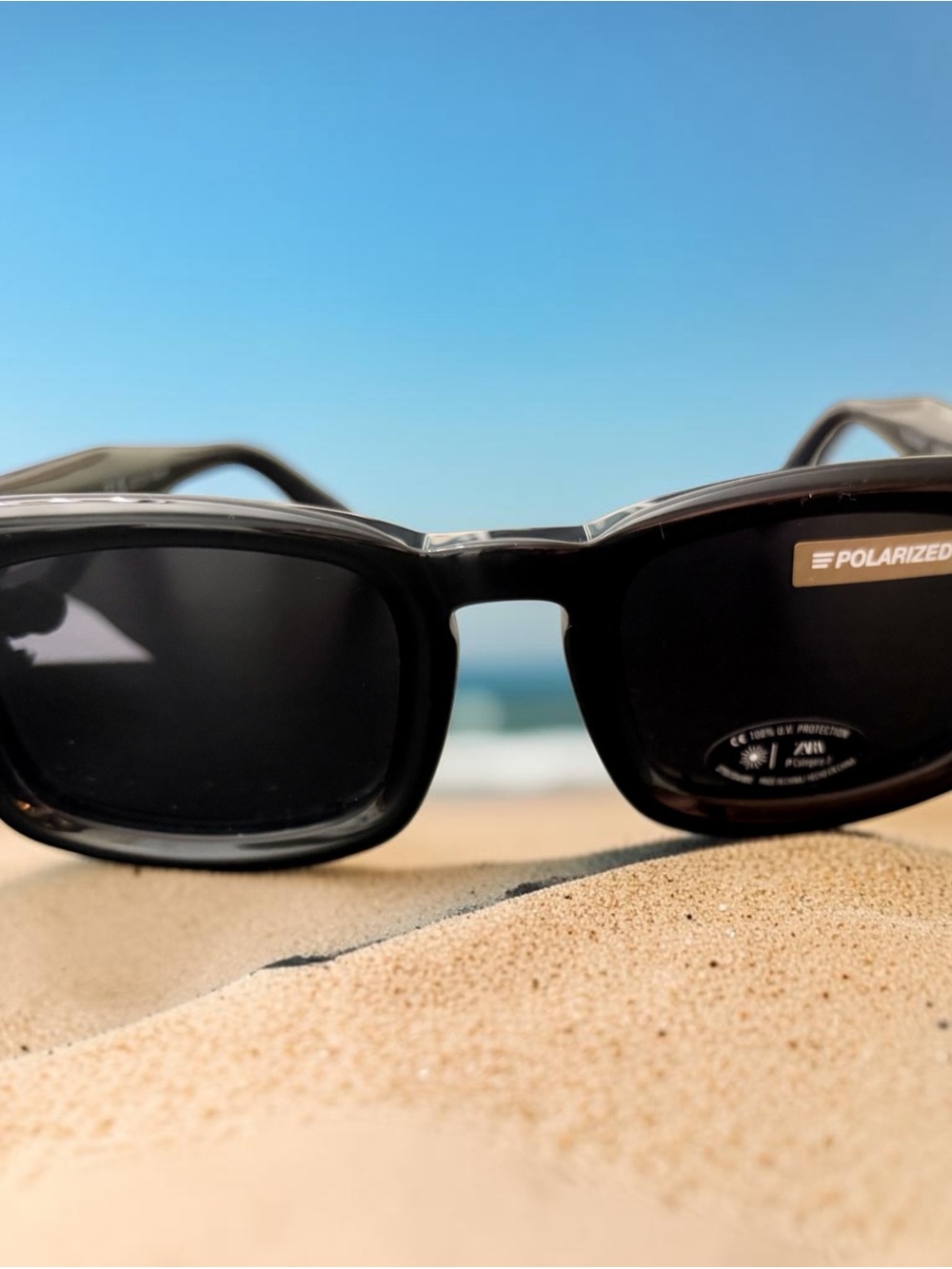Zara Polarized Rectangular Sunglasses NWT Black Acetate Retro Sunnies-UV Protect